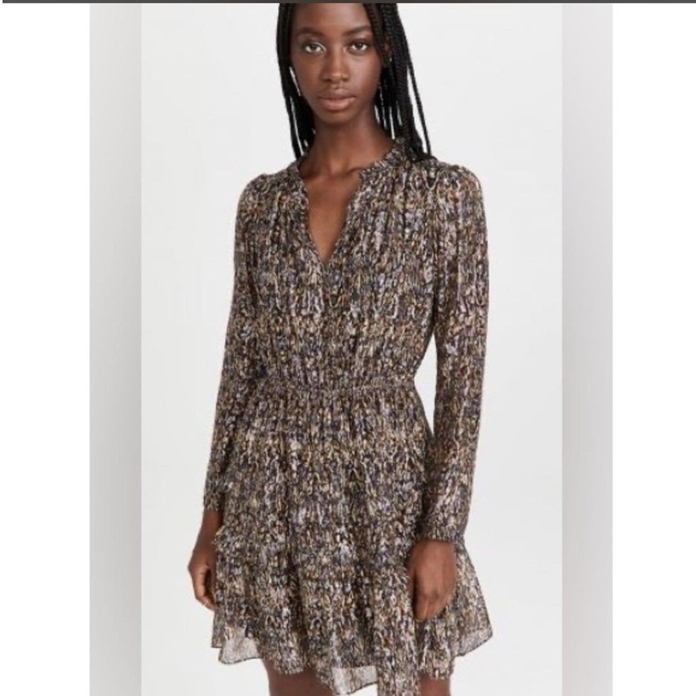 Ba&sh Glen Metallic Silk Blend Tiered Mini Dress Kaki Gold V-Neck Size 2 Medium
